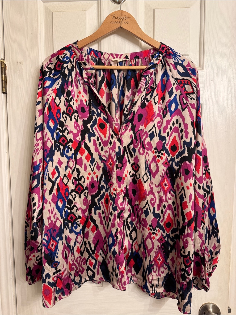 easel Pink Multi-Print Button-Down Blouse with Blue and Black Accents